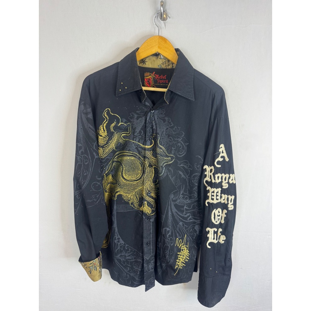 Rebel Spirit Mens XL Black Skull Cross Winged Embroidered Button Down Shirt